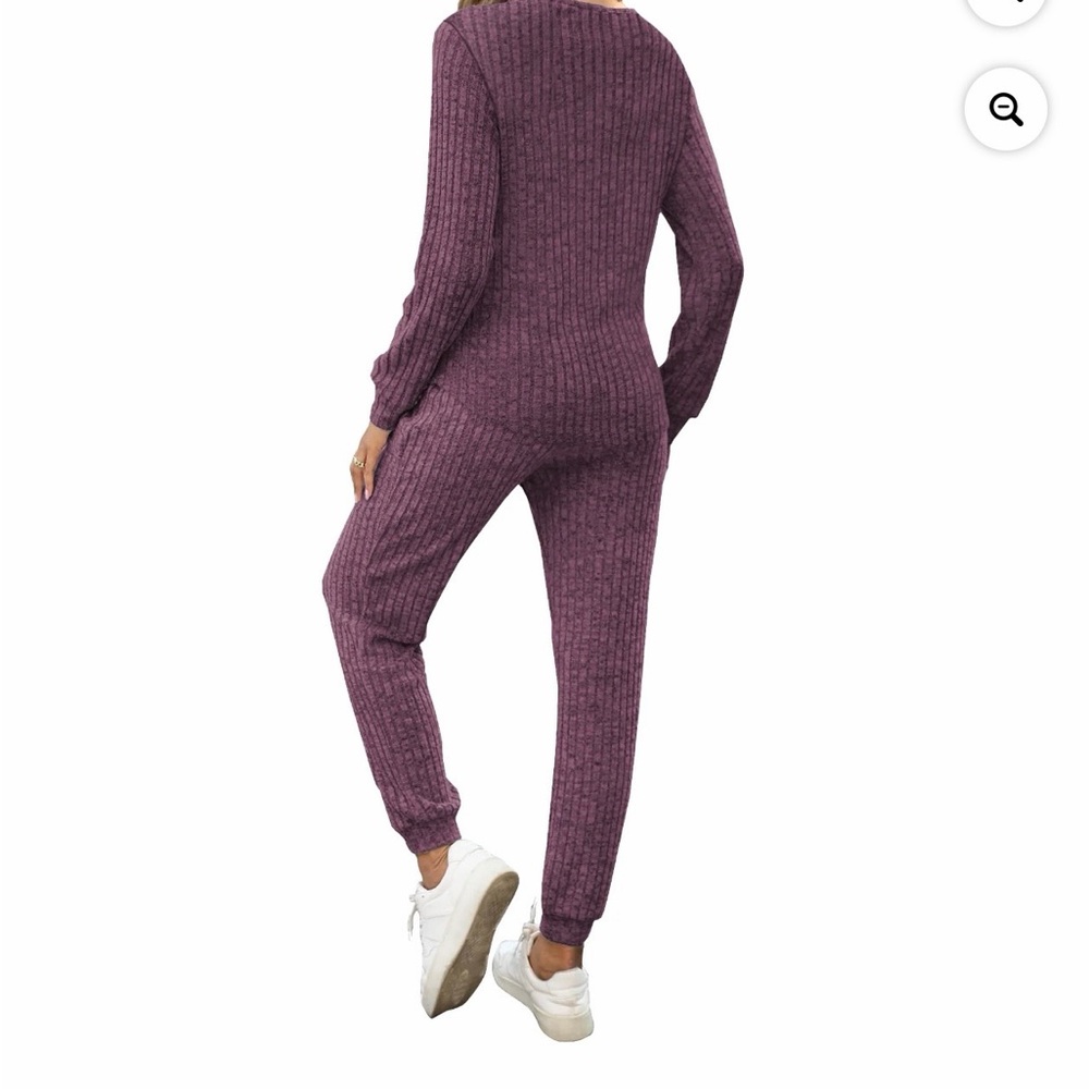 Ribbed Henley Lounge Pajama Set - Plum - Picture 4 of 7